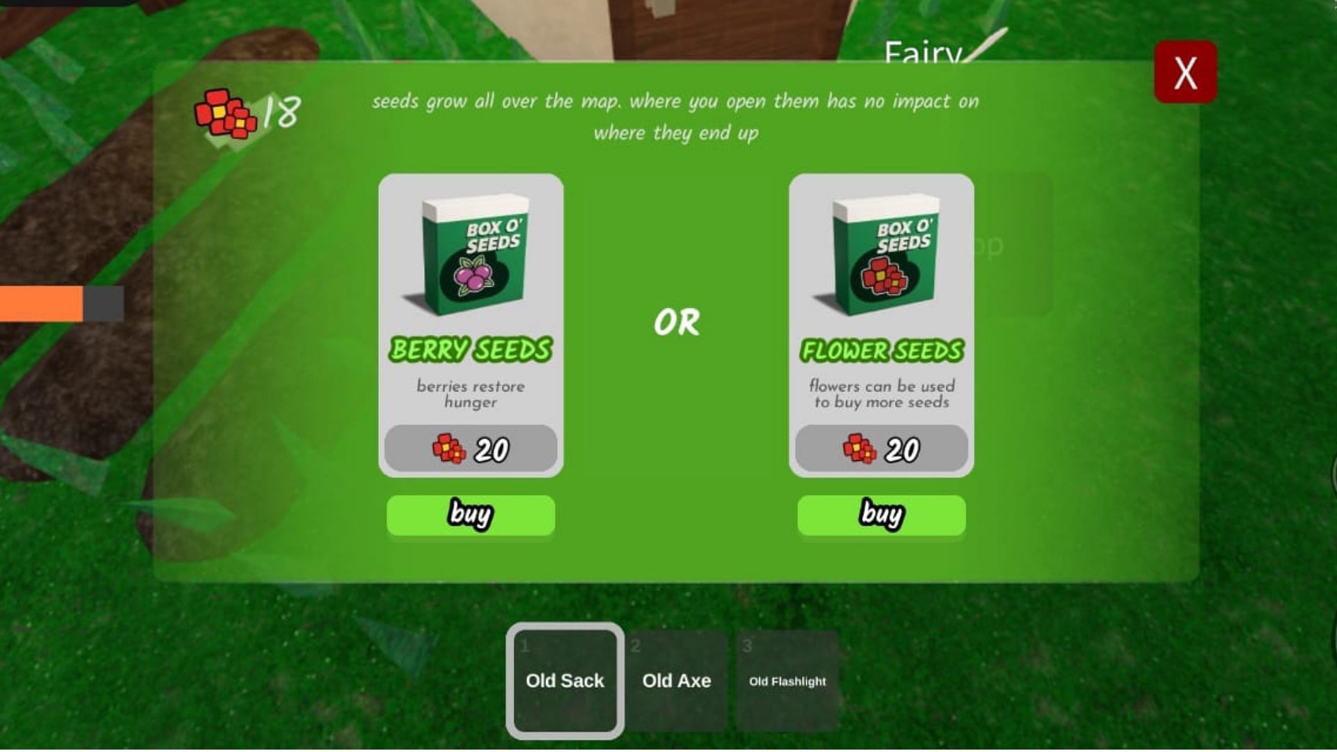 The Fairy's stock of seeds (Image via Roblox)